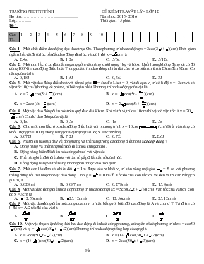 Đề kiểm tra vật lý - Lớp 12 năm học 2015 - 2016 thời gian 15 phút